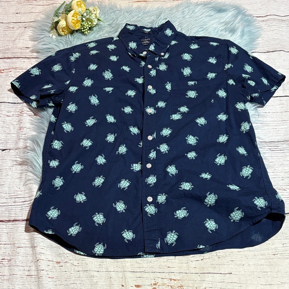 J. Crew Factory Flex Washed Slim Fit Turtle Short Sleeve Button Down sz L